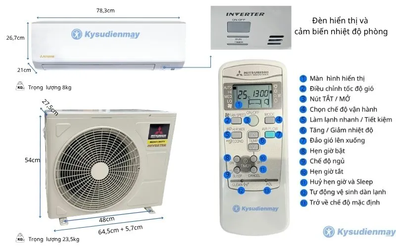 Thông số kỹ thuật điều hoà Mitsubshi Heavy 12000BTU 1 chiều SRK/SRC13YZP-W5