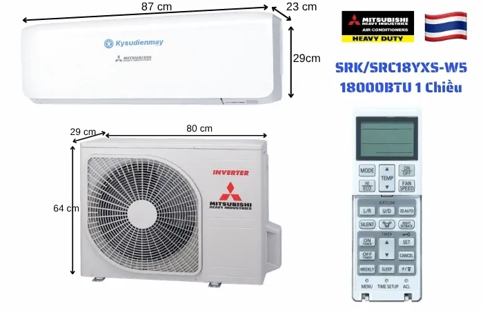 Ảnh thông số kích thước dàn nóng, dàn lạnh điều hoà Mitsubishi Heavy SRK/SRC18YXS-W5
