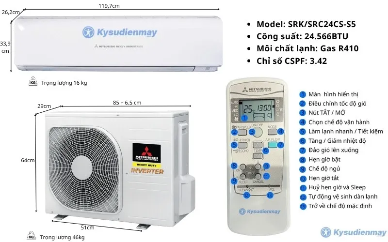 Thông số kỹ thuật điều hoà Mitsubishi Heavy 24000BTU 1 chiều SRK/SRC24CS-S5