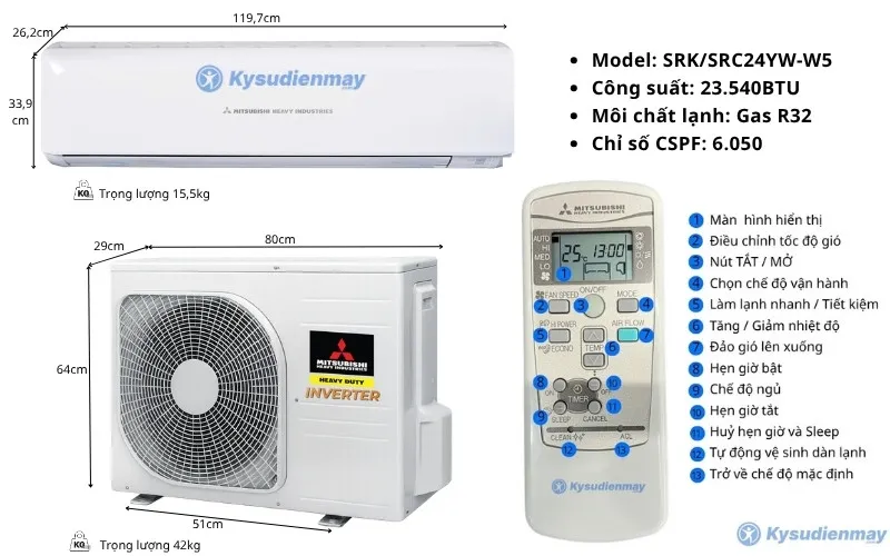 Thông số kỹ thuật điều hoà Mitsubishi Heavy 24000btu 1 chiều inverter SRK/SRC24YW-W5