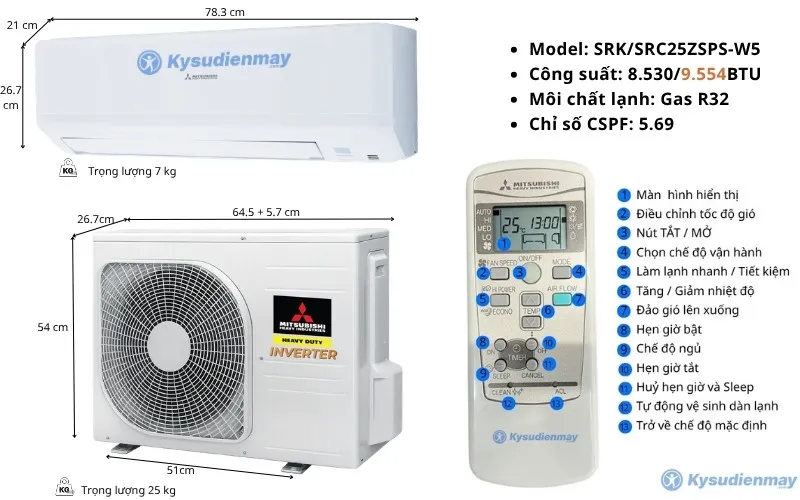 Ảnh thông số kỹ thuật điều hoà Mitsubishi Heavy SRK/SRC25ZSPS-W5