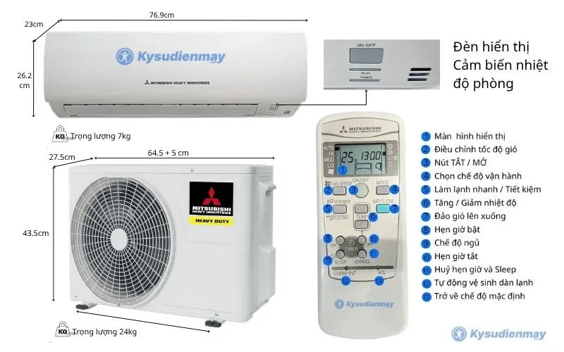 Thông số kỹ thuật điều hoà Mitsubishi Heavy 9000BTU 1 chiều SRK/SRC09CTR
