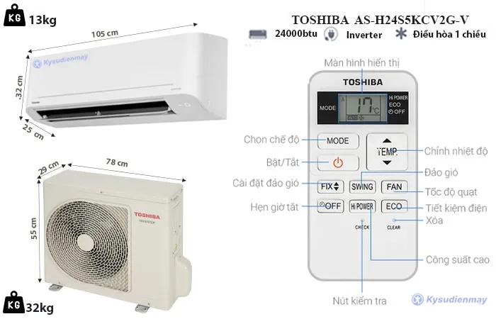 thông số kỹ thuật điều hoà Toshiba 24000BTU 1 chiều inverter RAS-H24S5KCV2G-V
