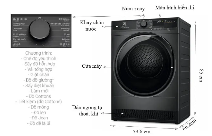 thông số kỹ thuật Máy sấy bơm nhiệt Electrolux 8 kg EDH803J5SCR