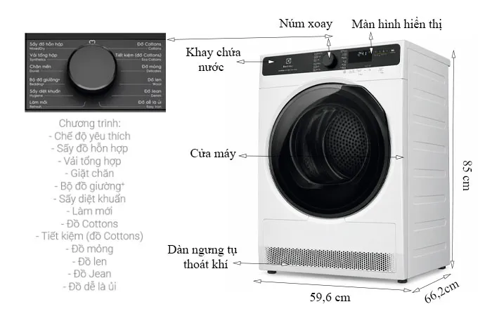 THÔNG SỐ KỸ THUẬT Máy sấy bơm nhiệt Electrolux 8 kg EDH803J5WCR