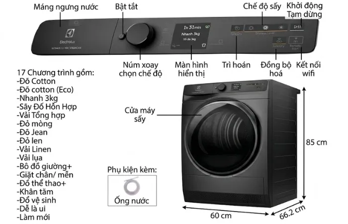 Thông số kích thước, số chương trình sấy của máy sấy bơm nhiệt Electrolux EDH902R9SC