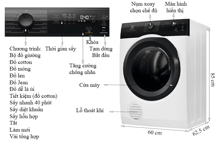 thông số kỹ thuật máy sấy thông hơi electrolux 9kg edv904h3ec