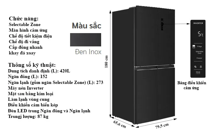 thông số kỹ thuật Tủ Lạnh Hitachi 422 Lít 4 cánh Inverter HR4N7462DSDXVN
