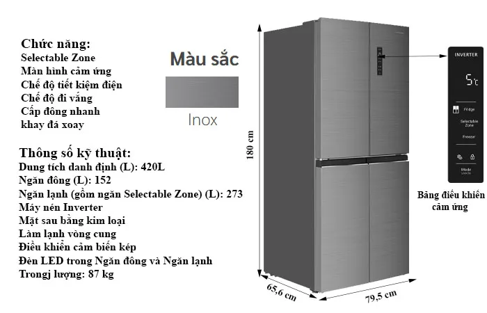 thông số kỹ thuật Tủ Lạnh Hitachi 422 Lít 4 cánh Inverter HR4N7462DSXVN