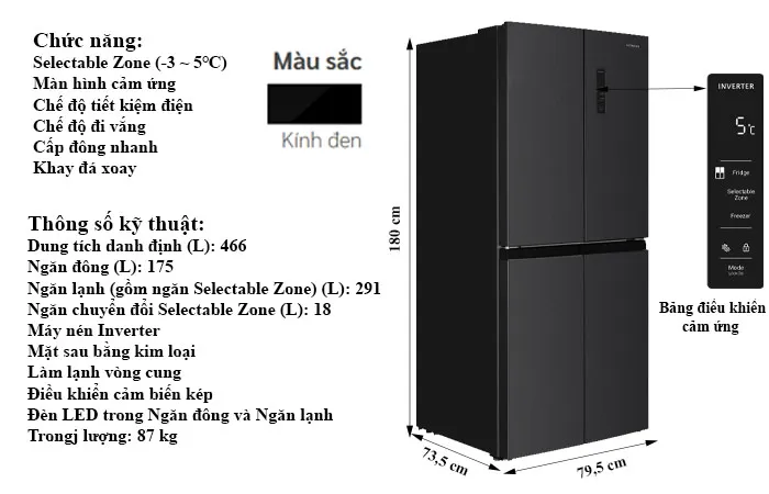 thông số kỹ thuật Tủ Lạnh Hitachi 422 Lít 4 cánh Inverter HR4N7462DSDXVN