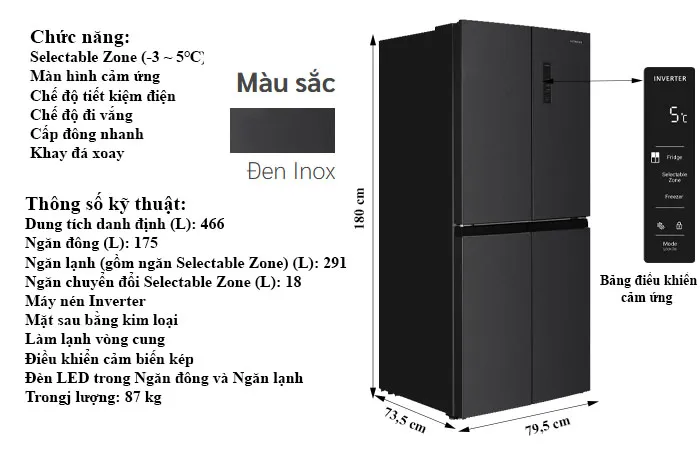thông số kỹ thuật Tủ Lạnh Hitachi 466 Lít 4 cánh Inverter HR4N7522DSDXVN