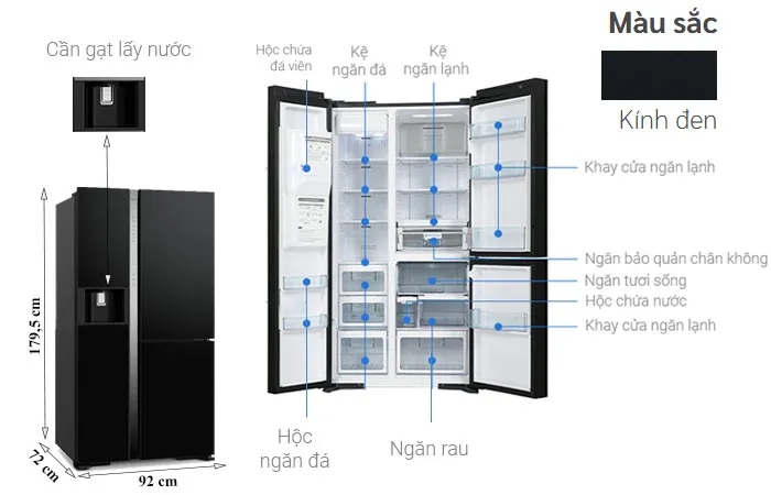 thông số kỹ thuật Tủ Lạnh Hitachi 569 Lít Side By Side Inverter R-MX800GVGV0 GBK