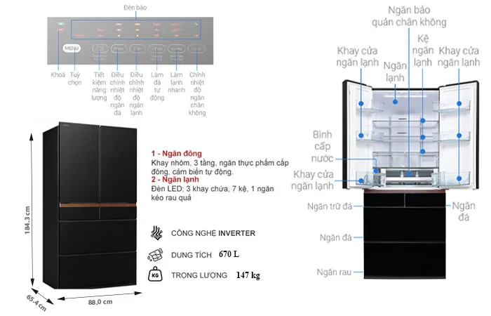 thông số kỹ thuật Tủ Lạnh Hitachi 670 Lít 6 Cánh Inverter R-GW670TV (Xk)