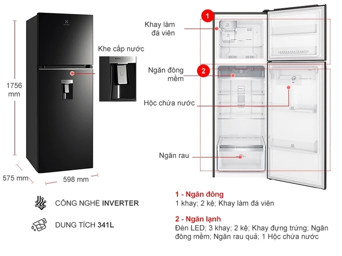 Tủ lạnh Electrolux Inverter 341 lít ETB3760K-H